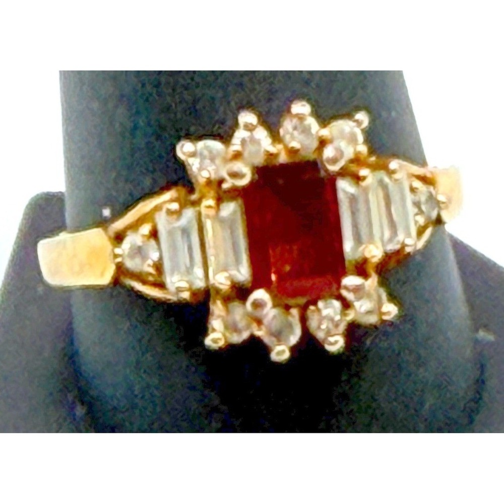 Gold Tone Red Glass Stone Ring Size 11 Statement Style White Baguettes Accent